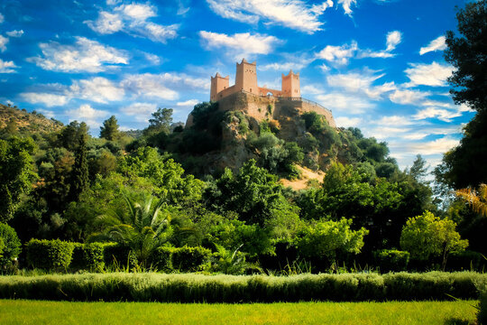Stone castle on a green hill surrounded by trees