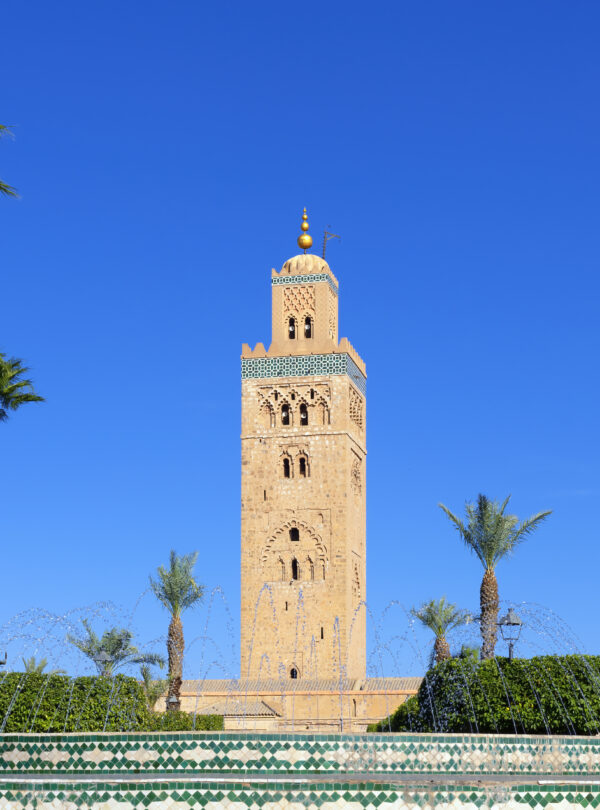 Mosque minaret surrounded by palm trees