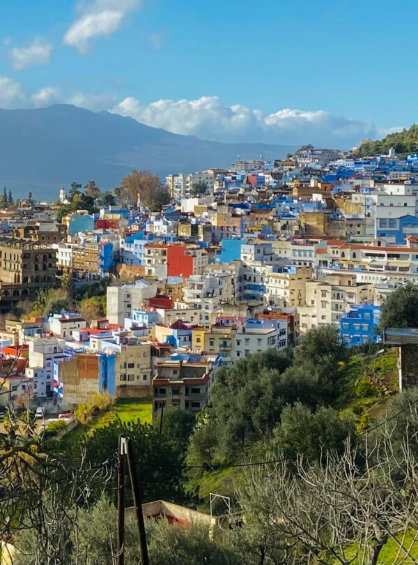 Blue city on mountain slope