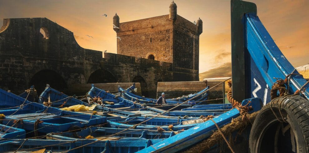 Traditional fishing boats in Essaouira harbor