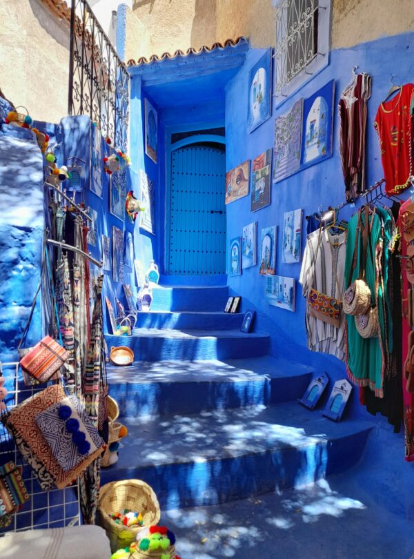 Blue staircase decorated with potted plants in Chefchaouen