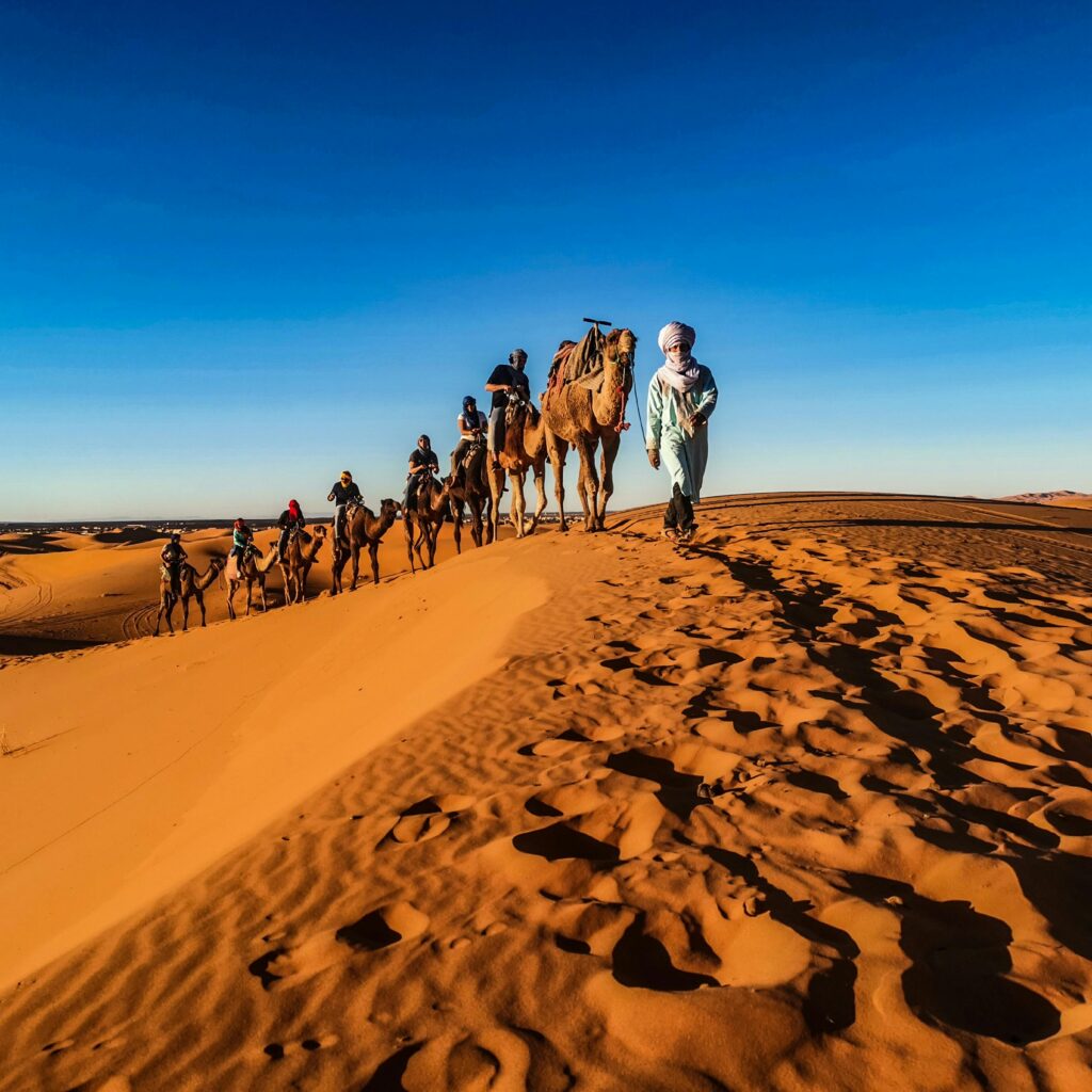 Camel riders journey through golden Sahara sand dunes