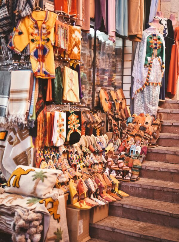 Moroccan market stall with leather and souvenirs