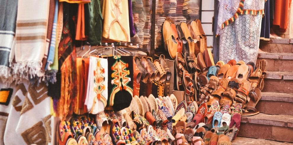 Moroccan market stall with leather and souvenirs
