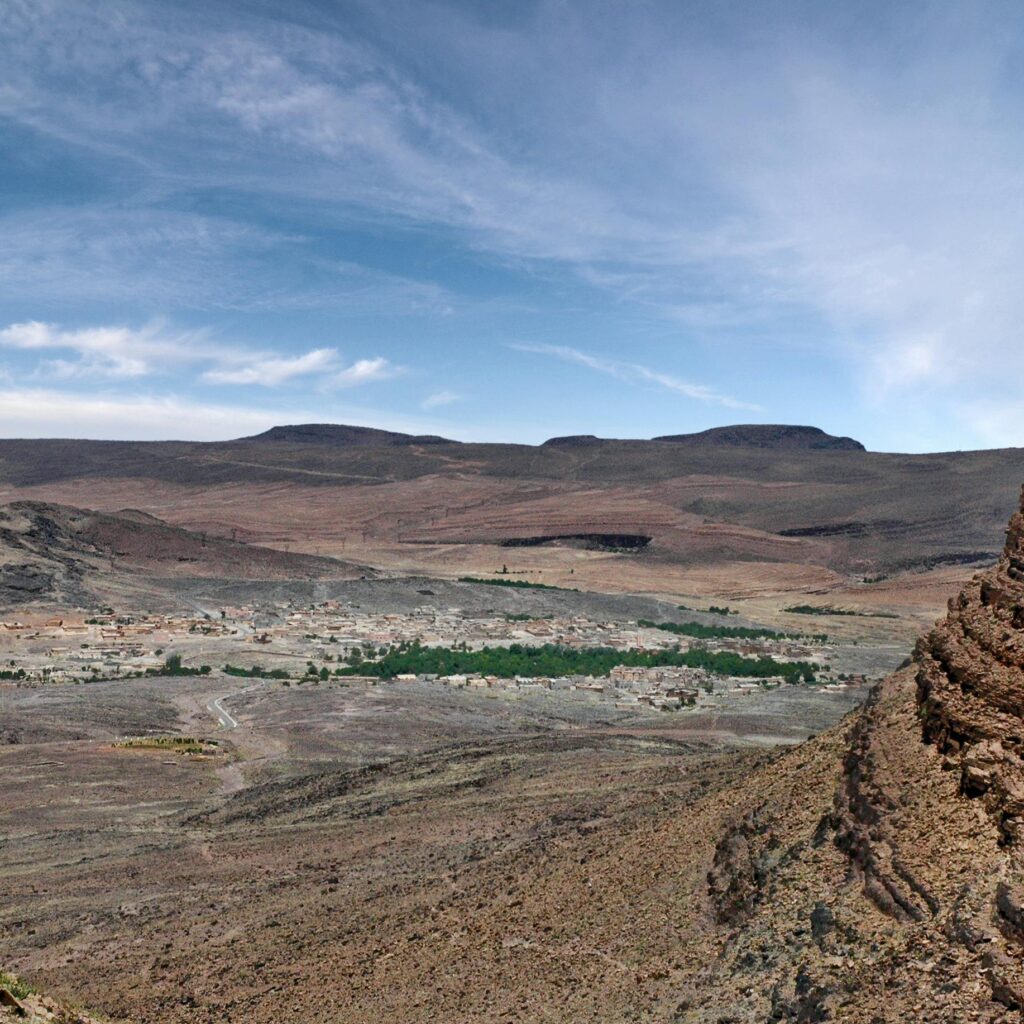 Aerial view of rocky landscape and valley in Morocco