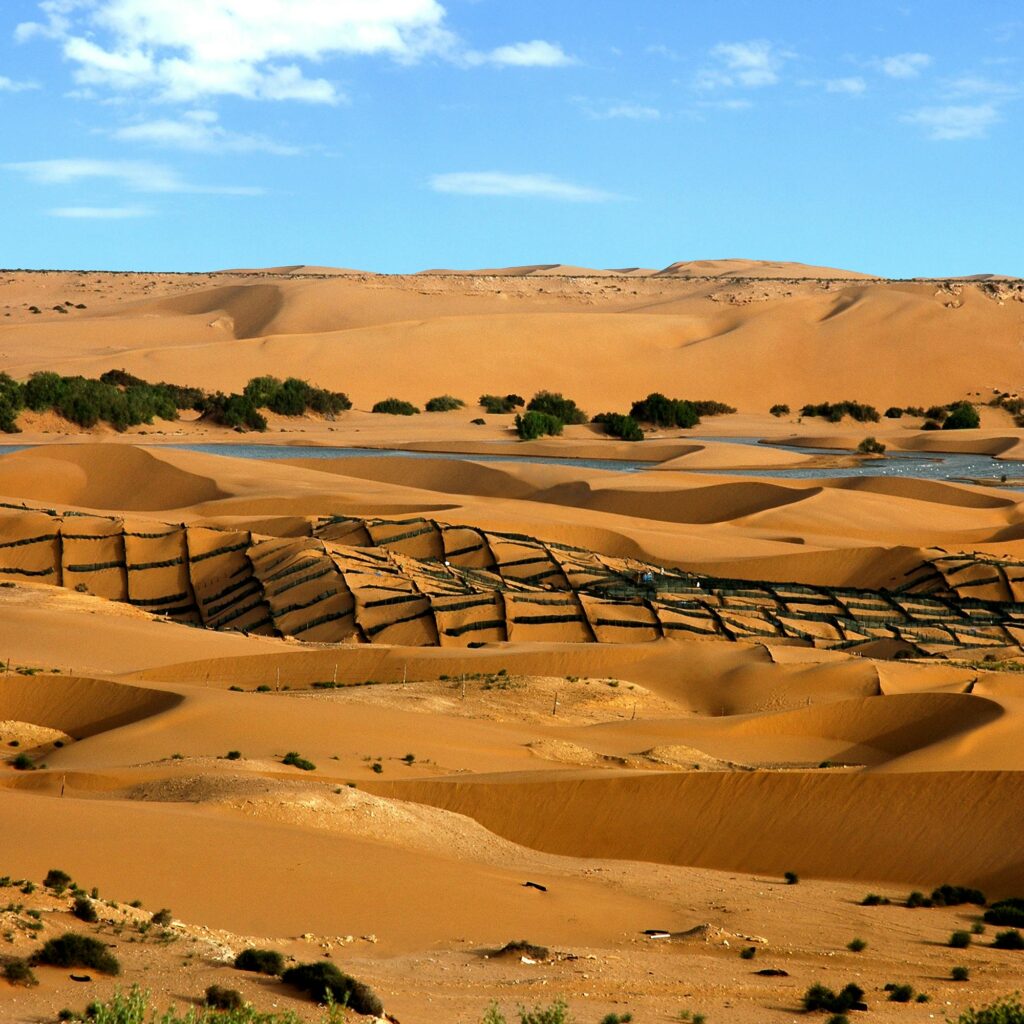 Golden Moroccan sand dunes with wind-carved ridges
