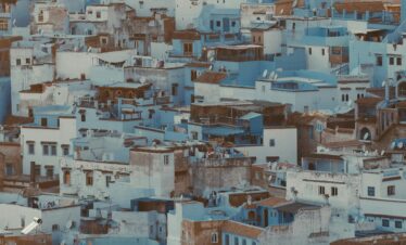 White cat resting in a blue doorway in Chefchaouen