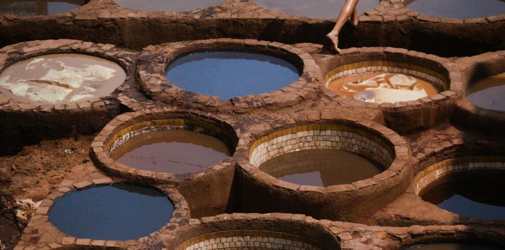 Aerial view of traditional leather tanneries in Morocco