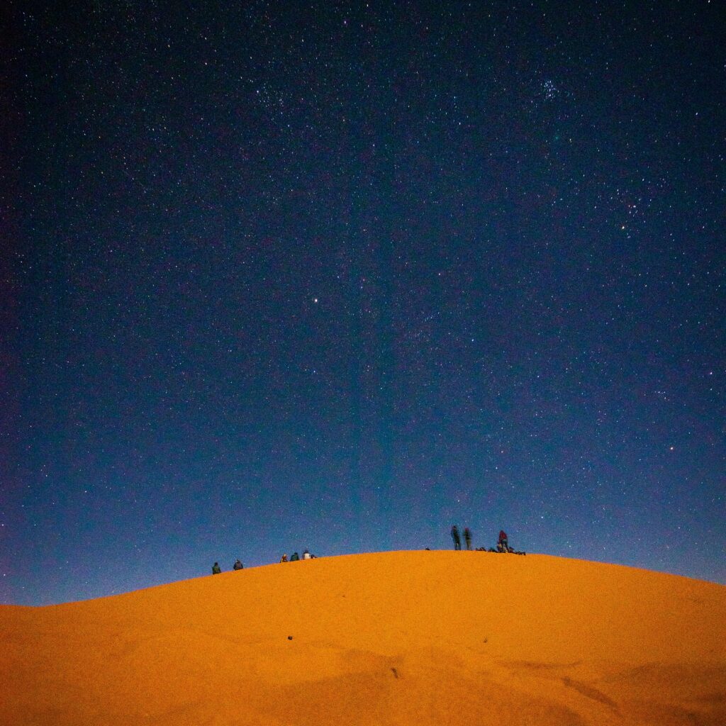 Starry sky above sand dunes in the Moroccan Sahara