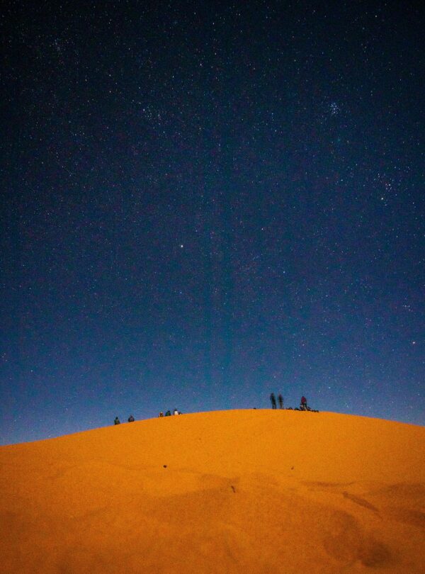 Starry sky above sand dunes in the Moroccan Sahara