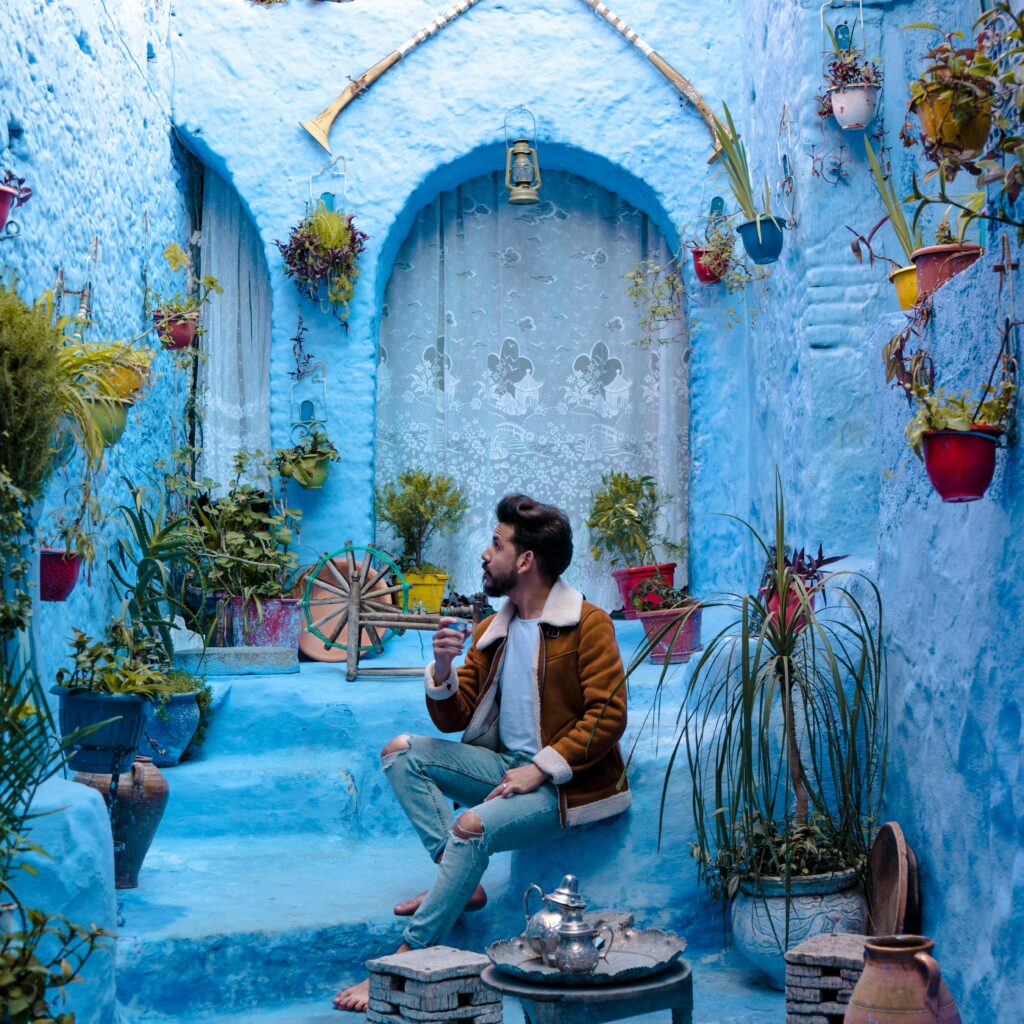 Colorful market stall in Morocco displaying baskets and handmade items