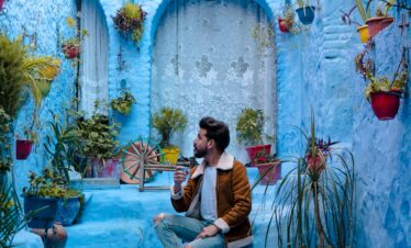 Colorful market stall in Morocco displaying baskets and handmade items