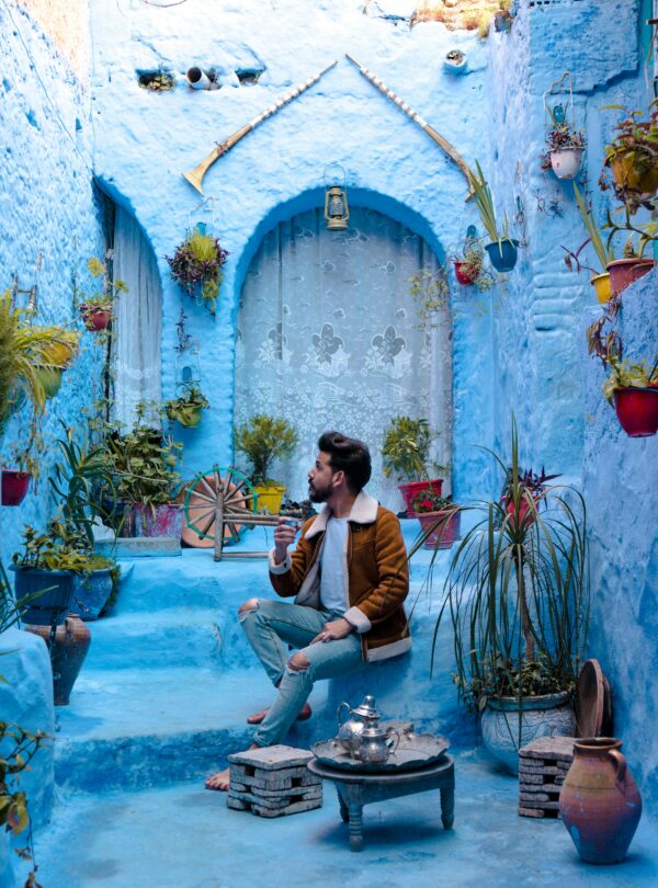 Colorful market stall in Morocco displaying baskets and handmade items