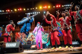 Moroccan musicians performing traditional Gnawa music.