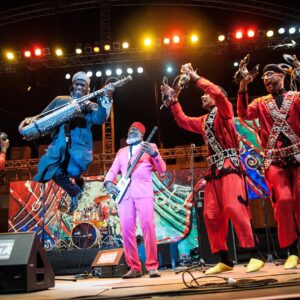 Moroccan musicians performing traditional Gnawa music.