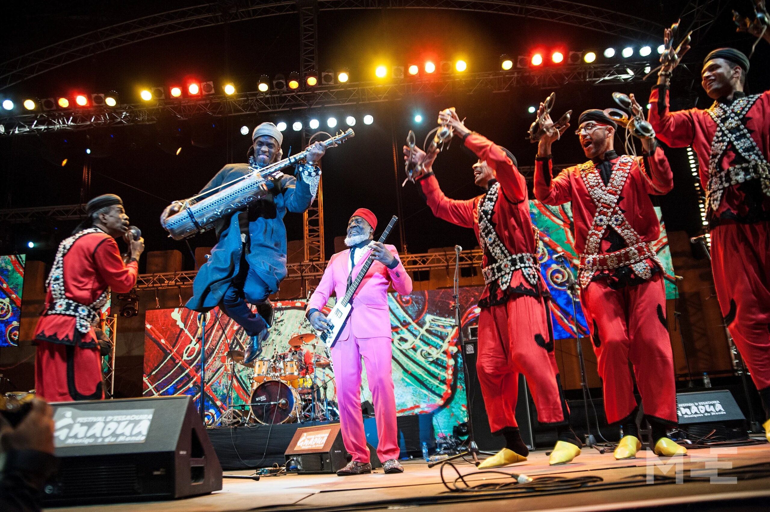 Moroccan musicians performing traditional Gnawa music.
