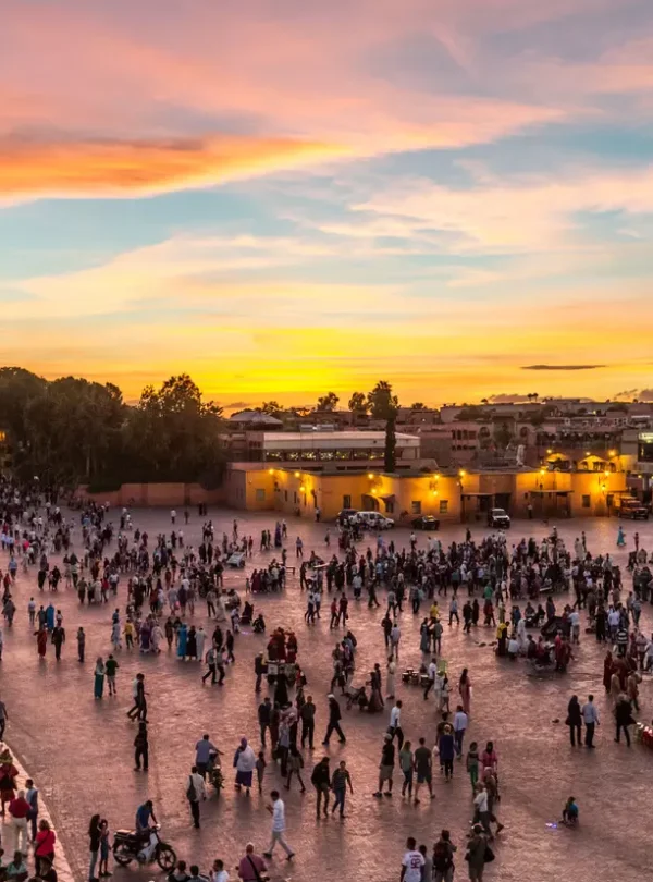Crowded Jemaa el-Fna with food stalls