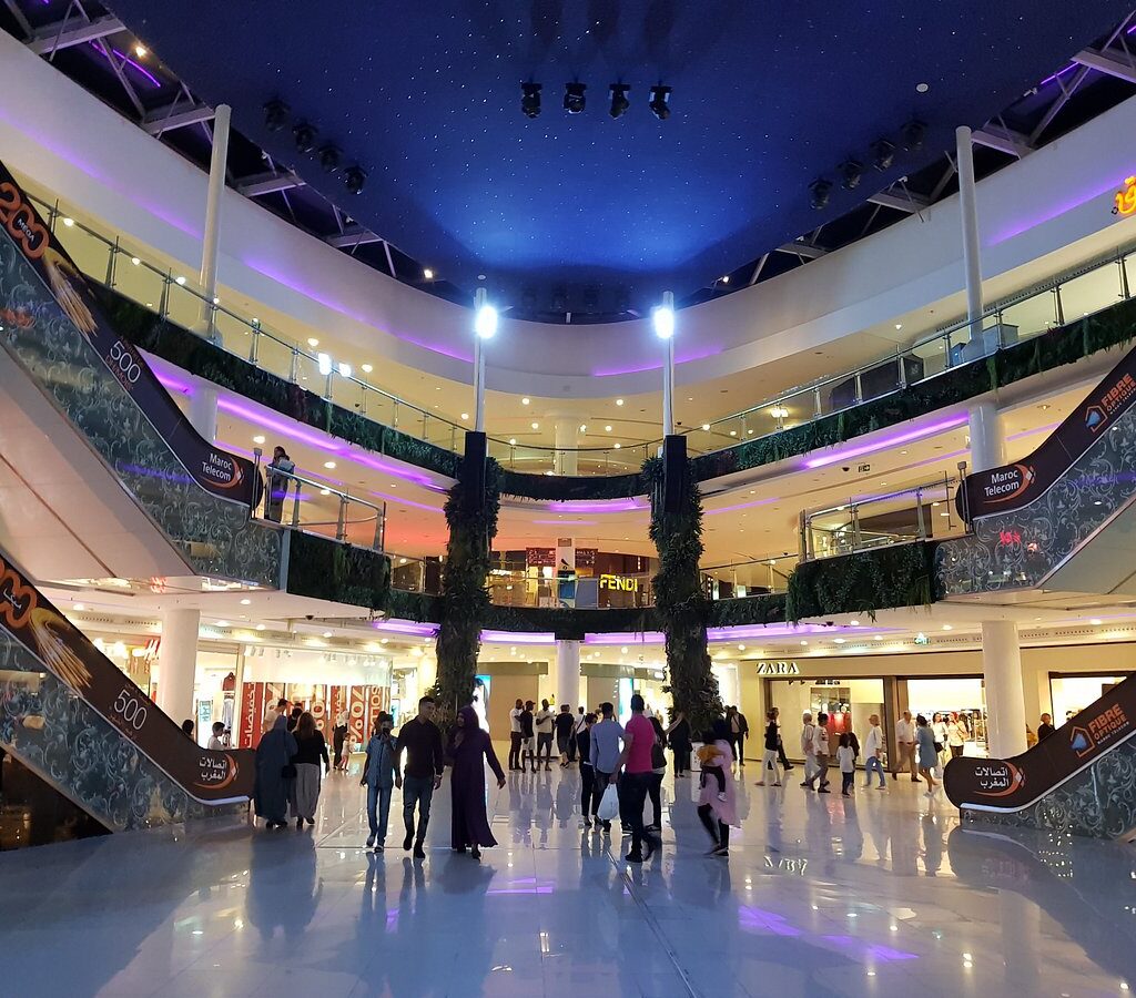 Shoppers beneath glass dome in large mall
