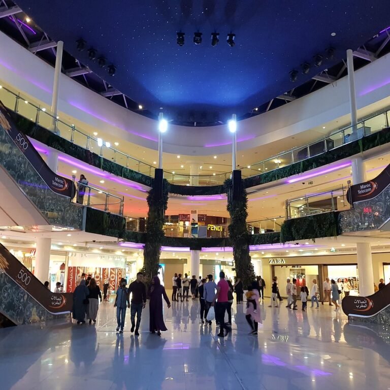 Shoppers beneath glass dome in large mall