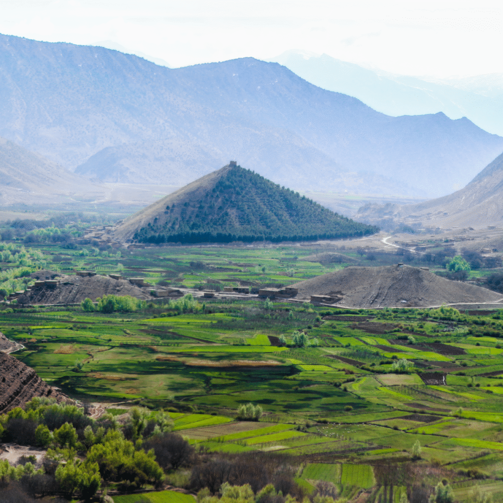 A small Moroccan village nestled in a mountainous landscape.