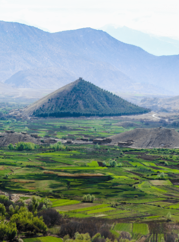 A small Moroccan village nestled in a mountainous landscape.