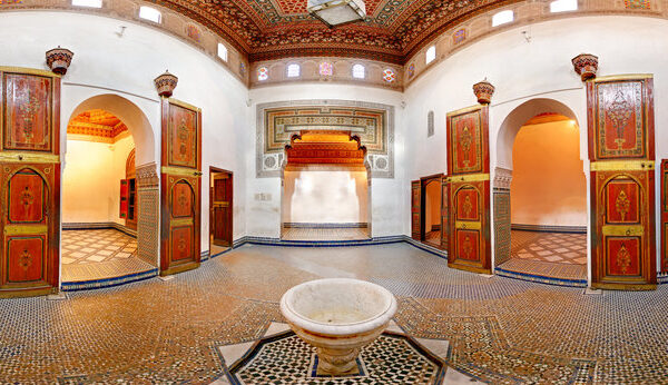 Elegant riad interior with sheer curtains