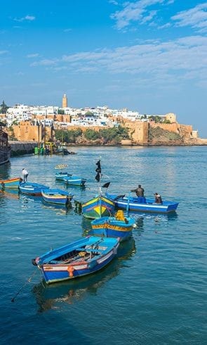 Traditional blue fishing boats on the river