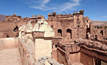 Moroccan building with mosaic tiles and columns