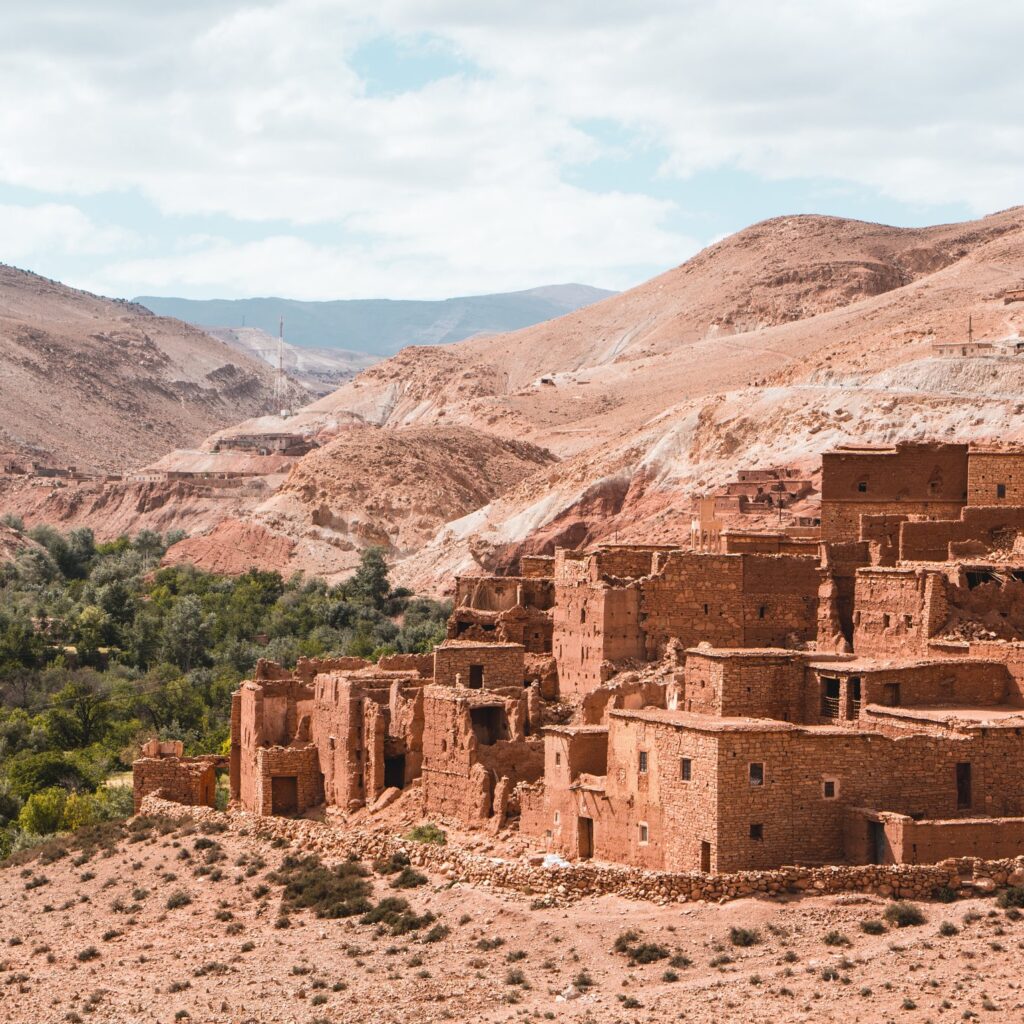 A traditional Berber village at the base of a rocky hill