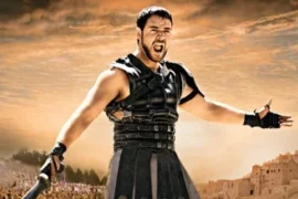 Man dressed as a Roman gladiator at film location