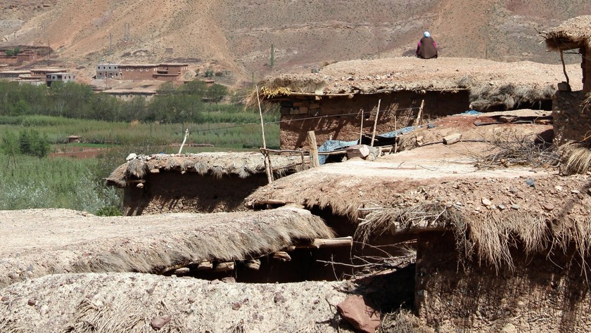 Stone house on a hill in the Moroccan countryside.