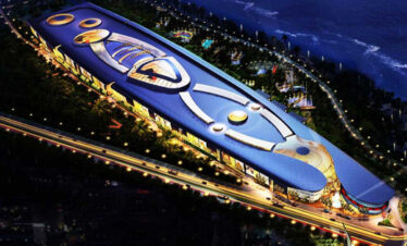 Lit-up stadium or arena with curved lights