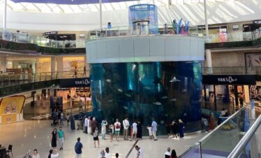 Large cylindrical aquarium inside mall