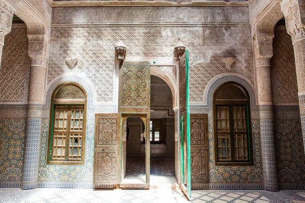 Moroccan building with mosaic tiles and columns