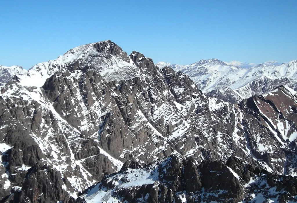 Wide view of snow-capped mountain range