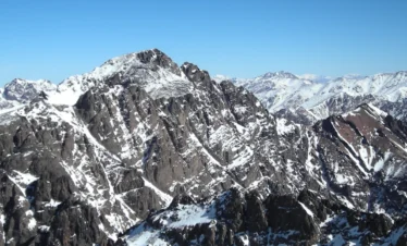 Wide view of snow-capped mountain range