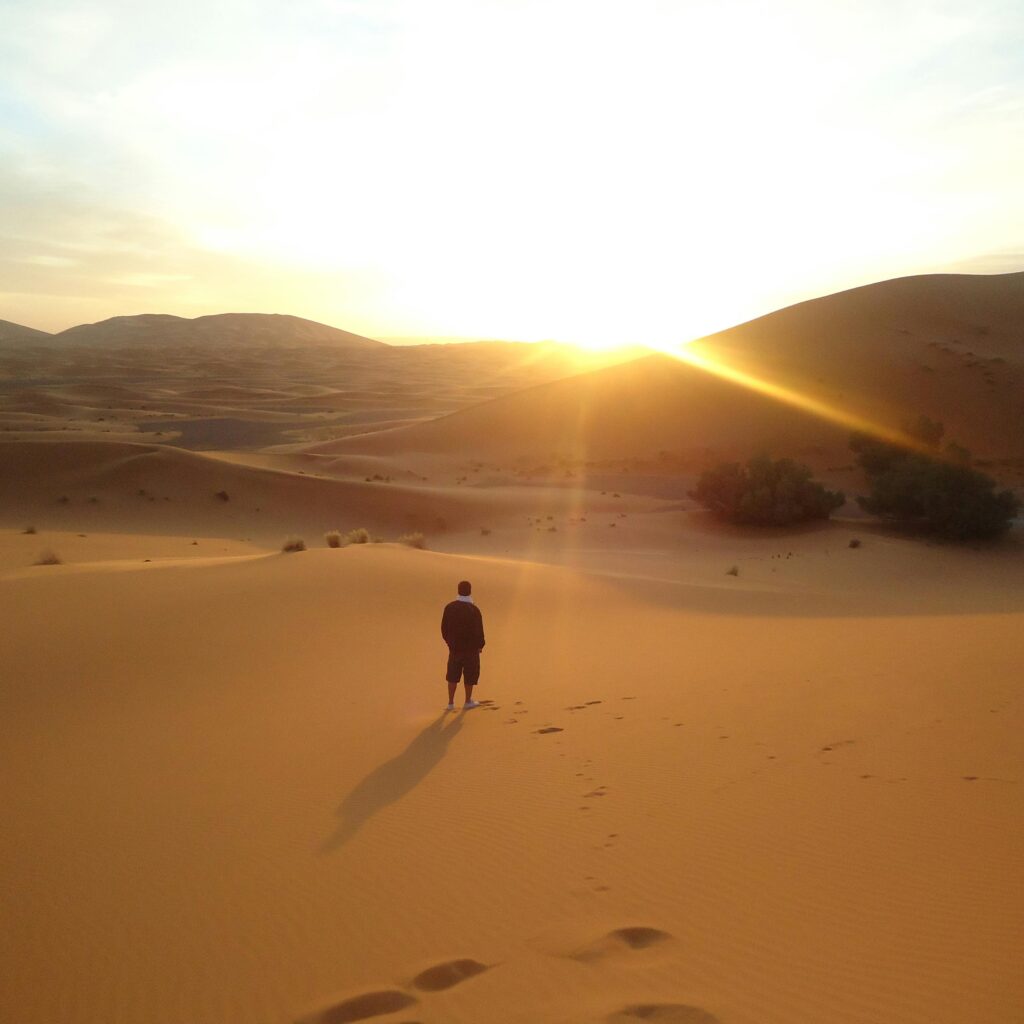 Tourists riding camels across Sahara dunes