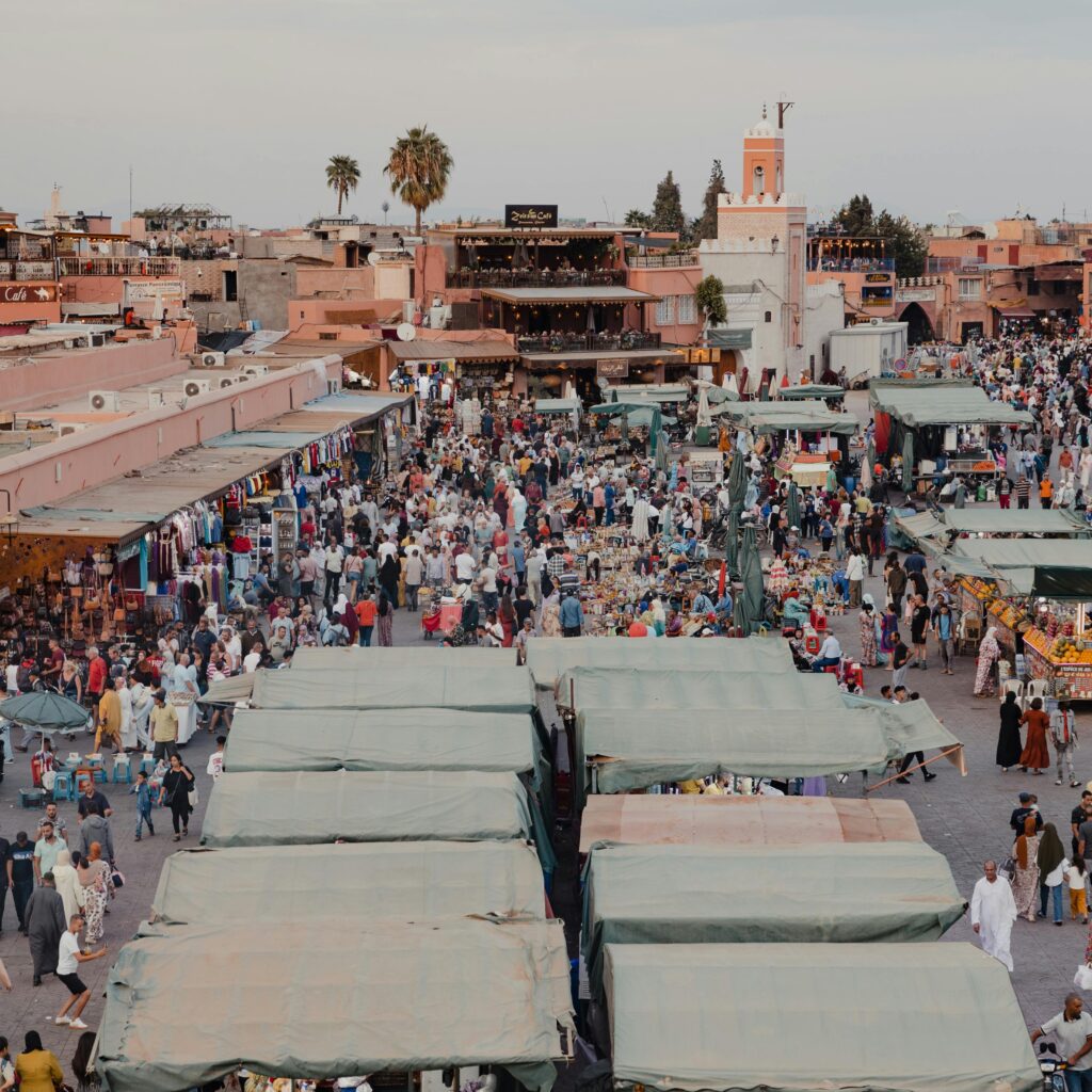 Overhead view of bustling Moroccan market