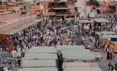 Overhead view of bustling Moroccan market