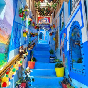 Colorful blue-painted alley in Chefchaouen