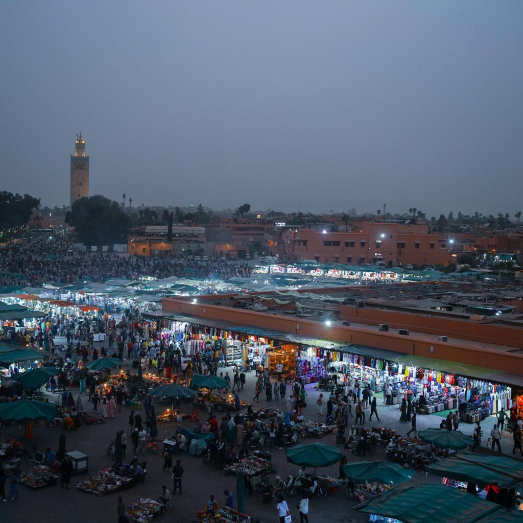 Aerial view of Jemaa el-Fna square at dusk