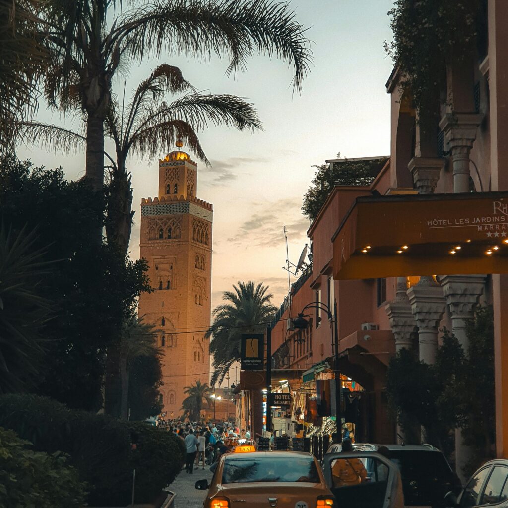 Sunset and palm trees near Koutoubia