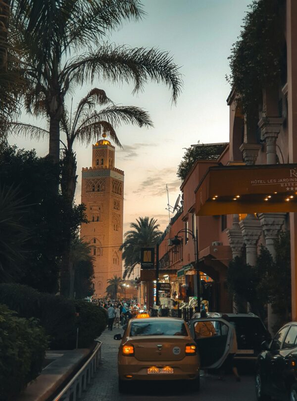 Sunset and palm trees near Koutoubia