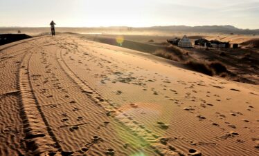 Walking trail in golden desert sand