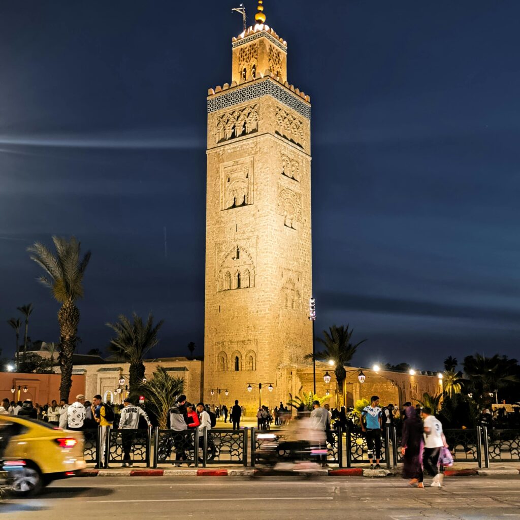 Aerial view of the bustling Jemaa el-Fnaa square in Marrakech.