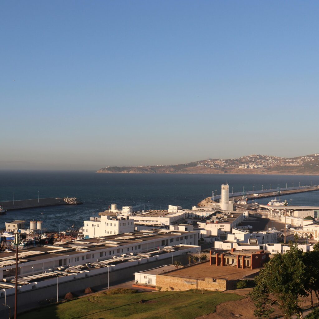 Elevated view of port and surrounding city