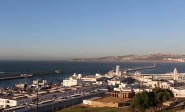 Elevated view of port and surrounding city