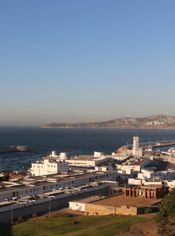 Elevated view of port and surrounding city