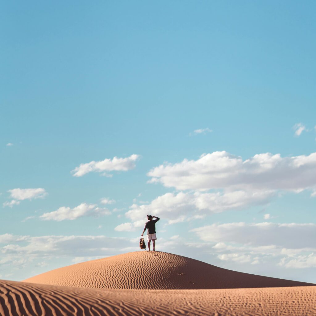 Person standing alone in vast orange dunes