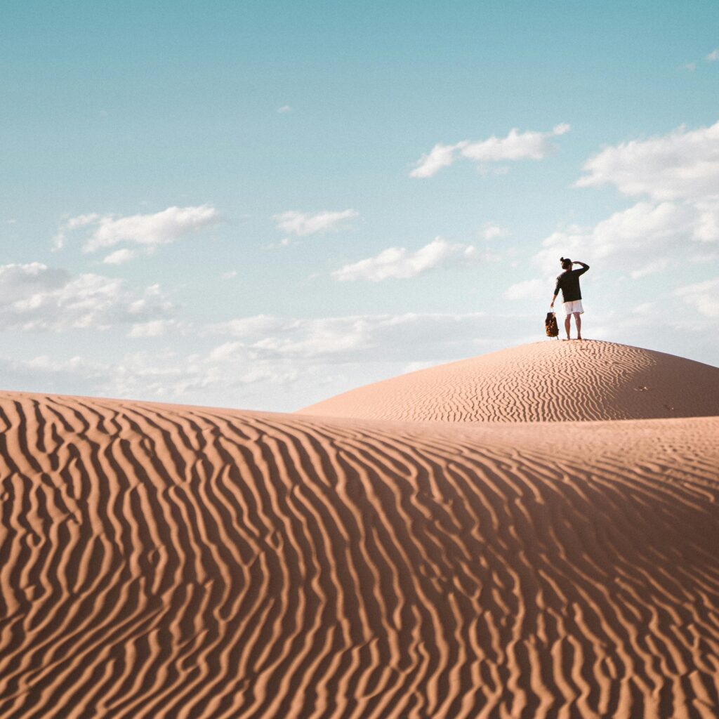 Person standing on a sand dune under clear sky
